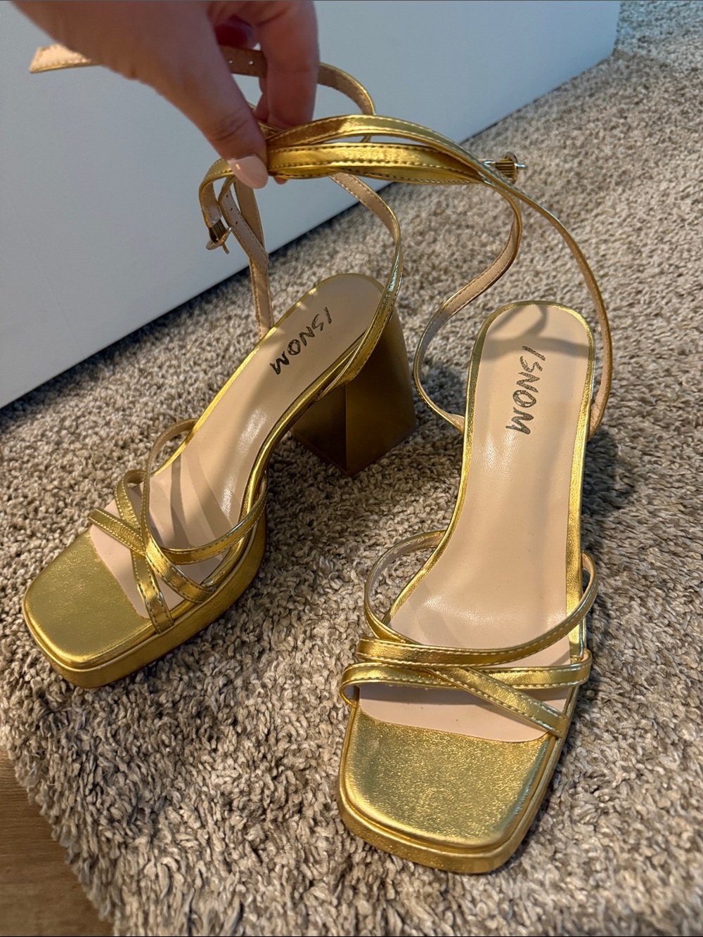 Metallic Gold Strappy Block Heel Sandals